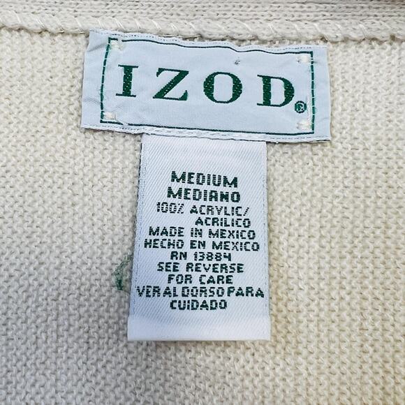 Vintage Izod Sweater Mens Medium Cream Crest Logo Cardigan Acrylic Preppy 90s - Picture 3 of 9